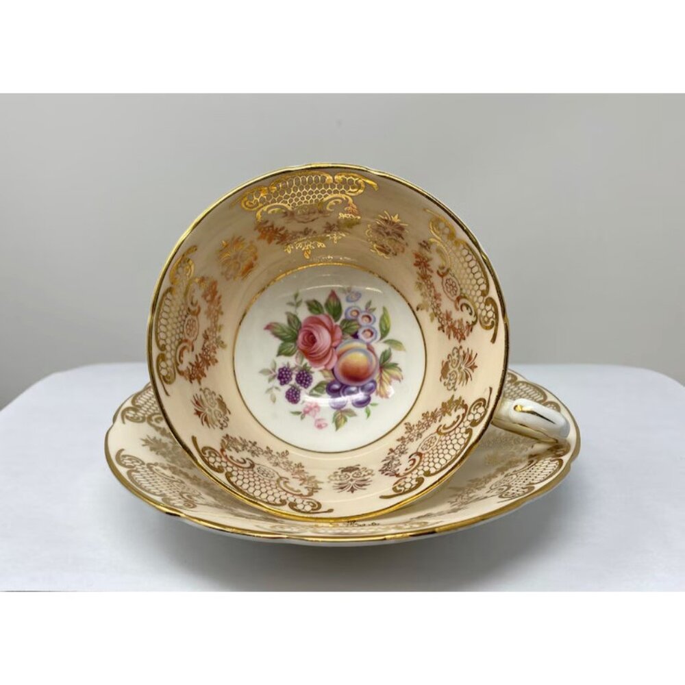 Vintage Paragon Footed Teacup and Saucer #D6851 Rose & Fruit Gold Gilded 1957